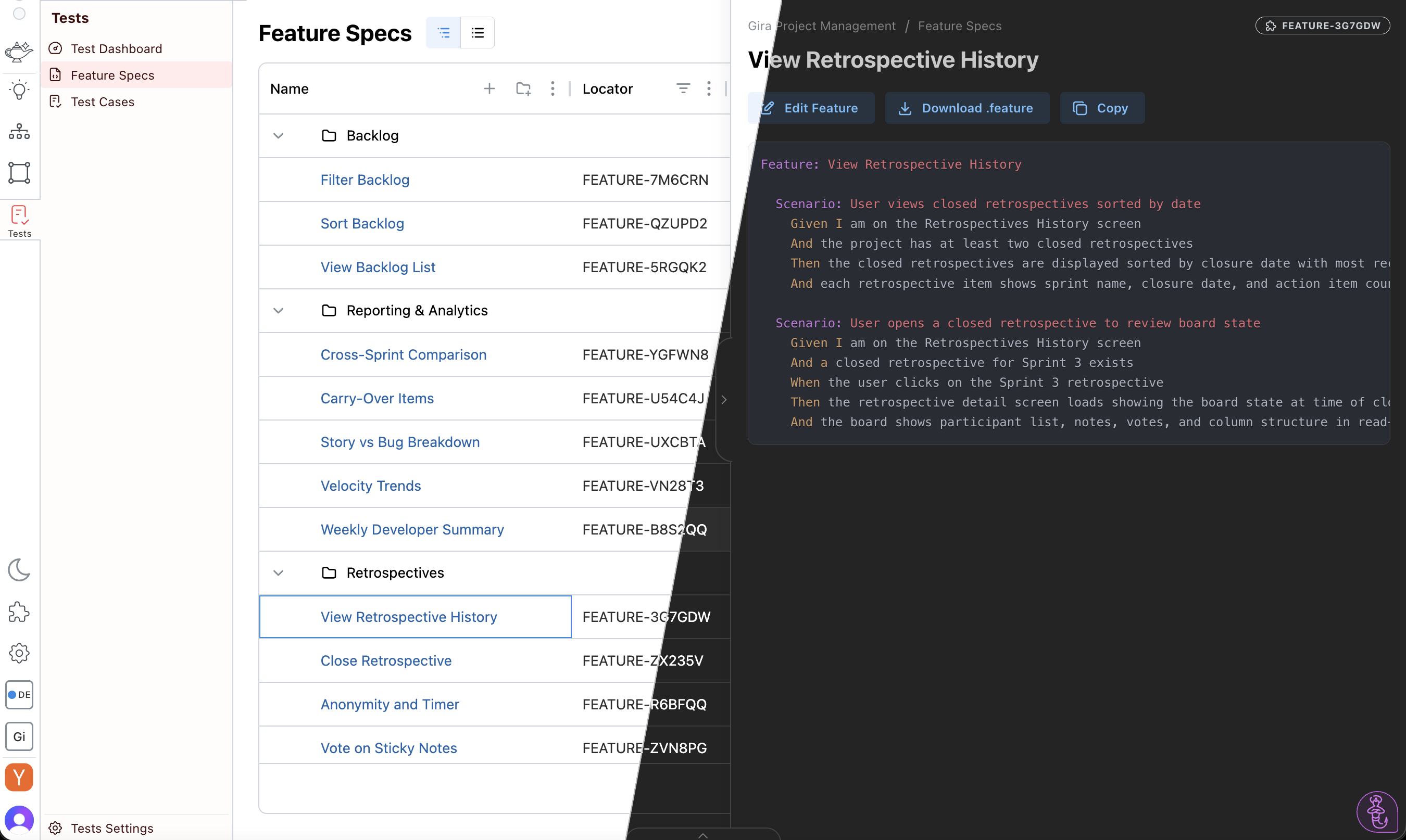 AppGenie feature specs in dark and light mode