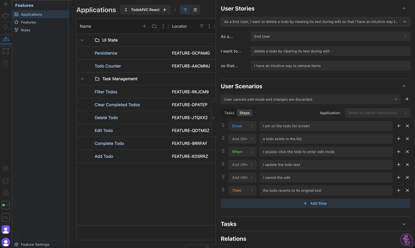 AppGenie Gherkin Steps — Given/When/Then scenarios