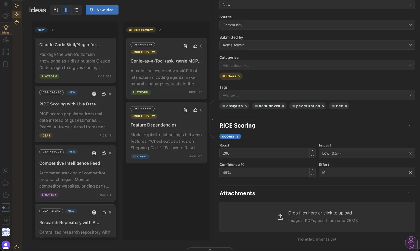 AppGenie idea detail view showing RICE scoring fields and prioritization data