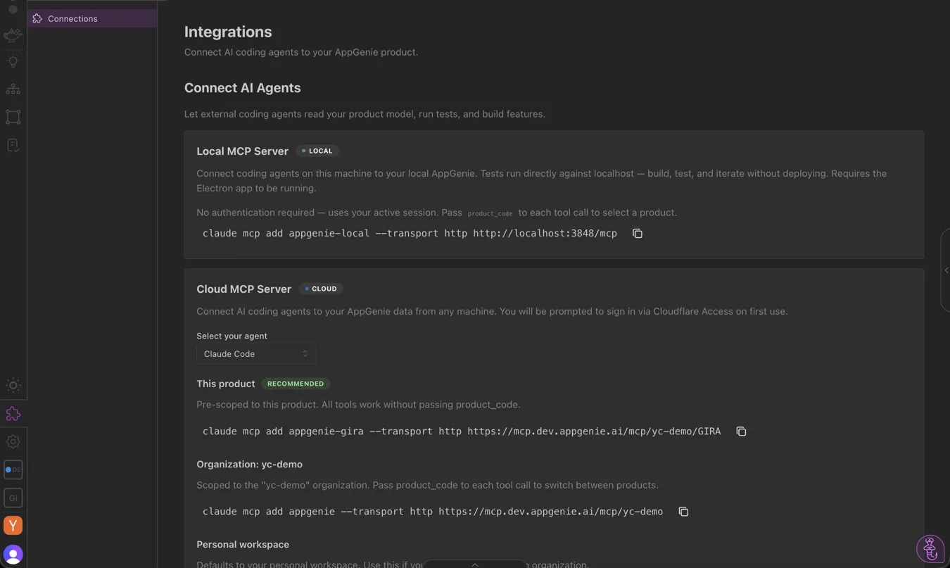 AppGenie Integrations page listing MCP-compatible coding agents