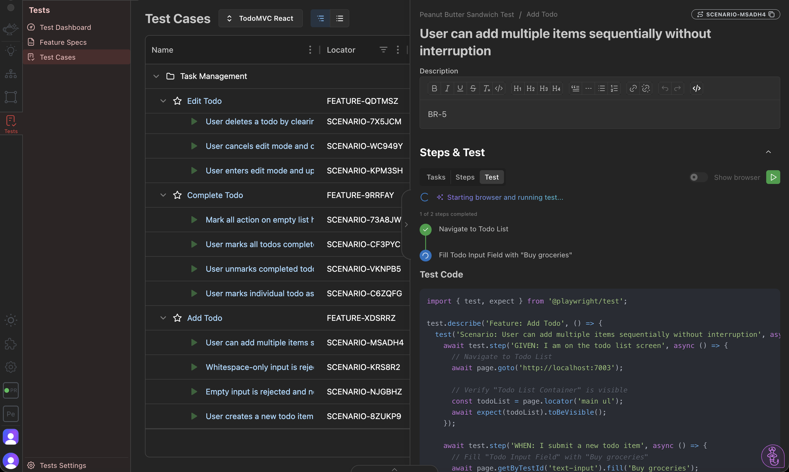 AppGenie test execution with live Playwright results
