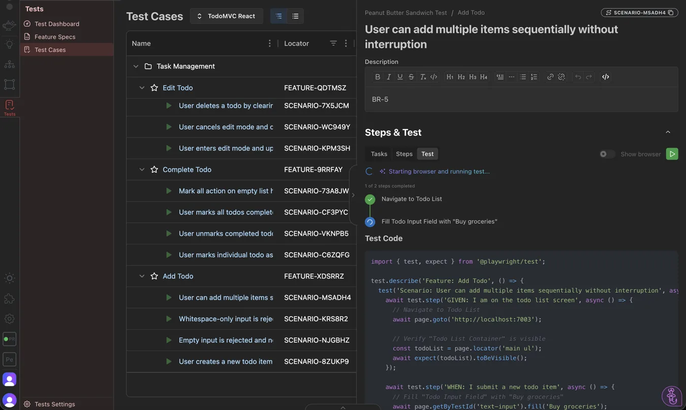 AppGenie test execution with live Playwright results