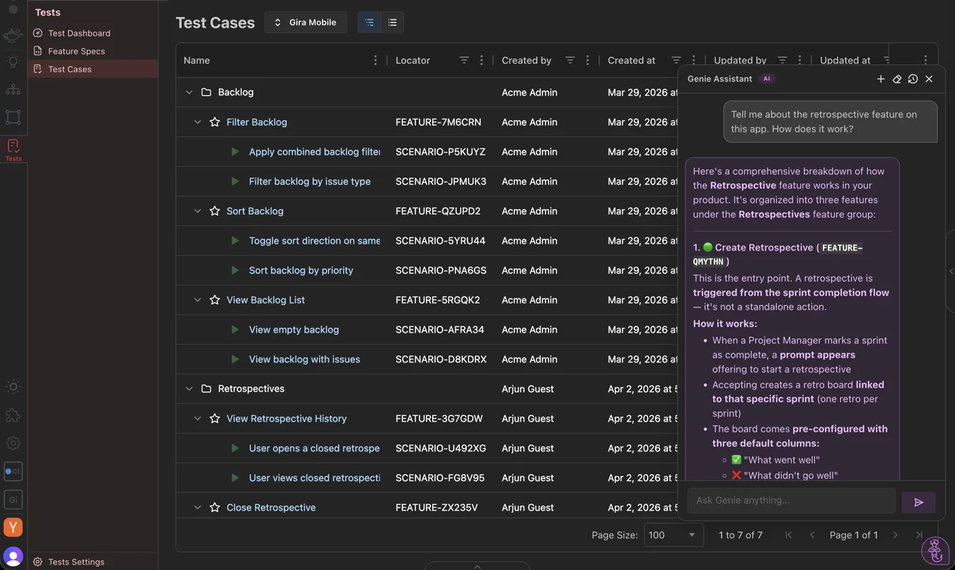 AppGenie test suite overview showing generated tests and pass/fail status across features