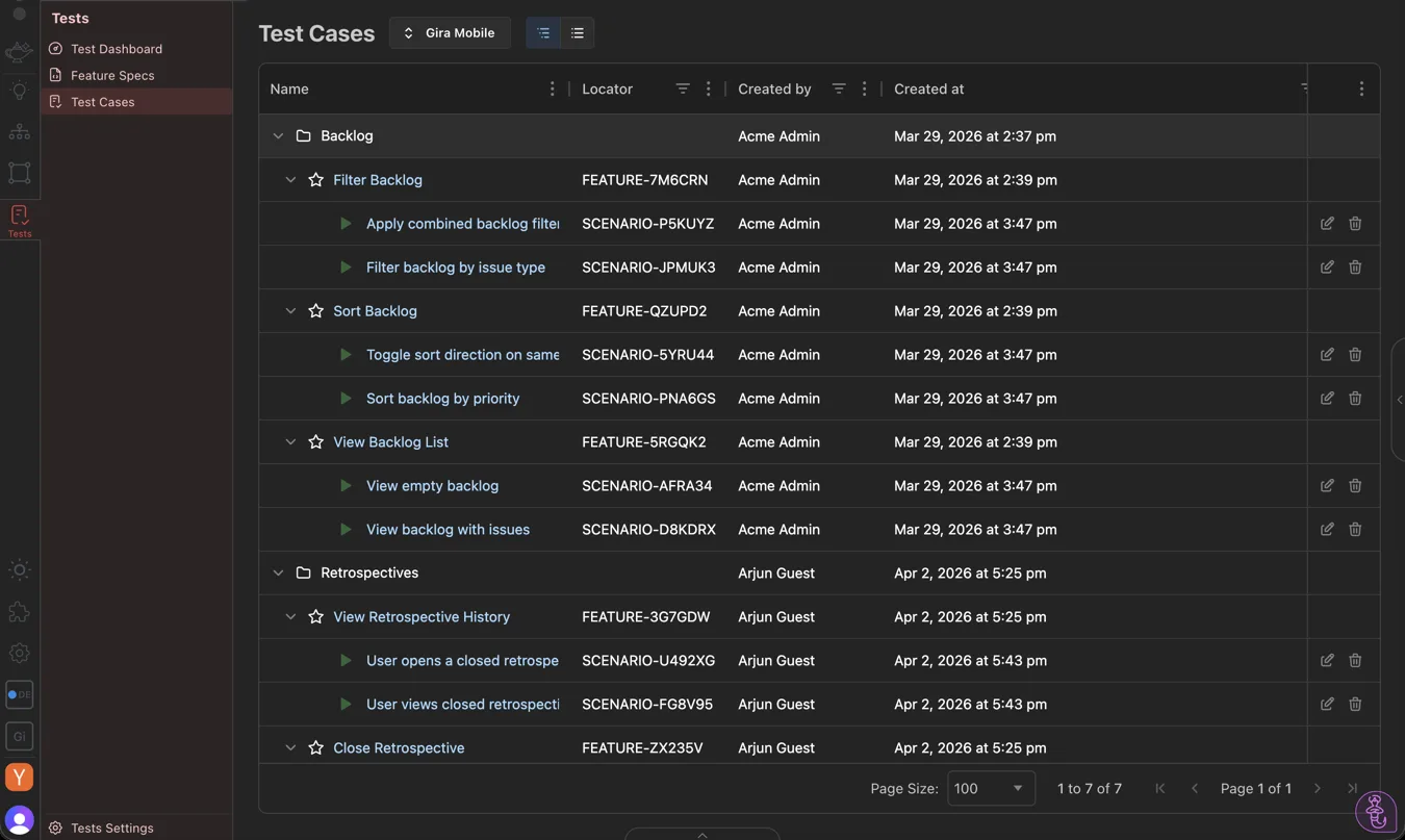 AppGenie tests screen showing generated E2E tests and their pass/fail status