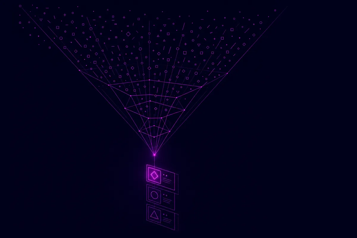 Scattered, disconnected idea sparks on the left resolving through a central node into structured, interlocking feature cards linked to test and agent glyphs on the right