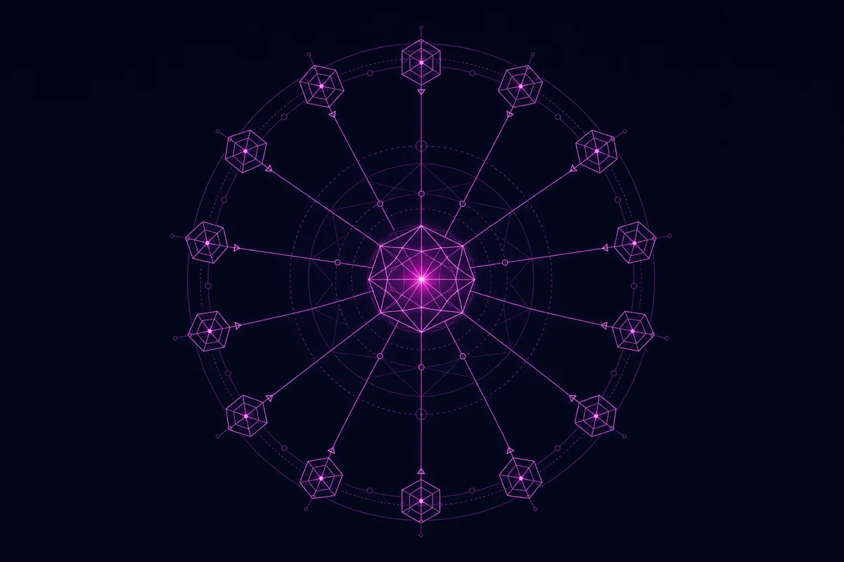 Geometric concept graphic: several scattered coding agents on the left converging into a single shared product-model hub on the right