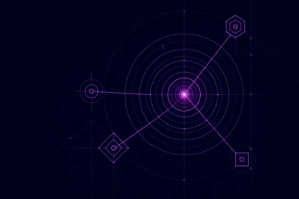 Scattered, disconnected objective nodes on the left resolving through a bright focal point into an ordered, ranked stack of prioritized features aligned beneath a single objective keystone on the right