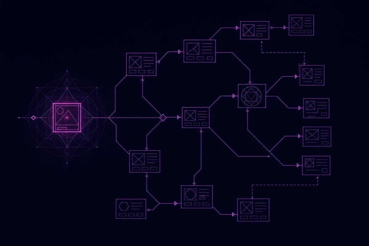 Geometric concept graphic: loose design sketches on the left resolving into connected, structured user-flow nodes on the right
